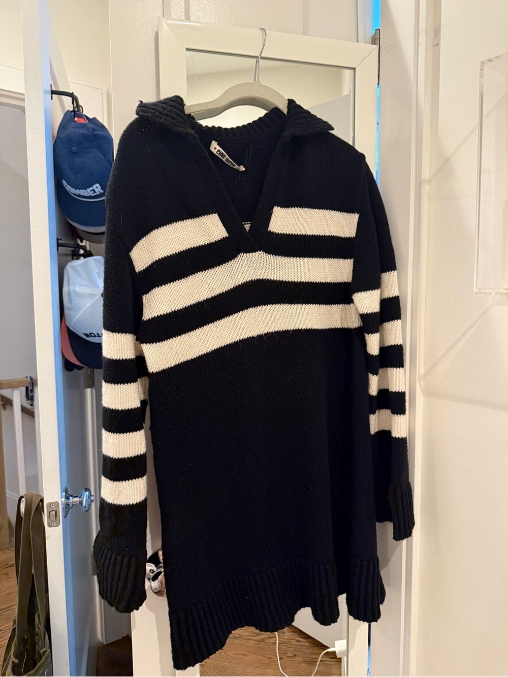 Ciao Lucia Black and White Striped V-Neck Hooded Sweater Dress